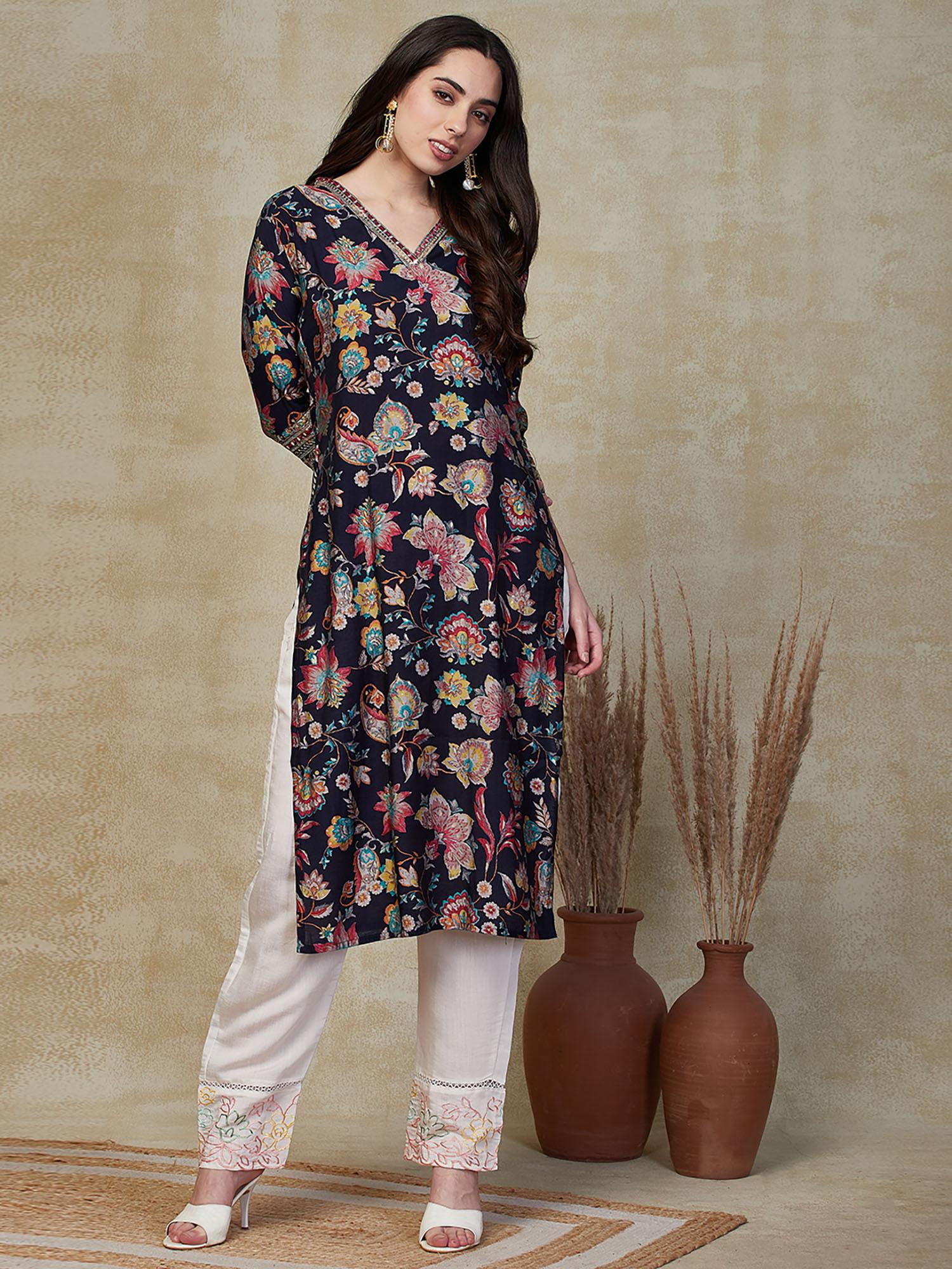 ethnic floral printed & sequin kurta - black