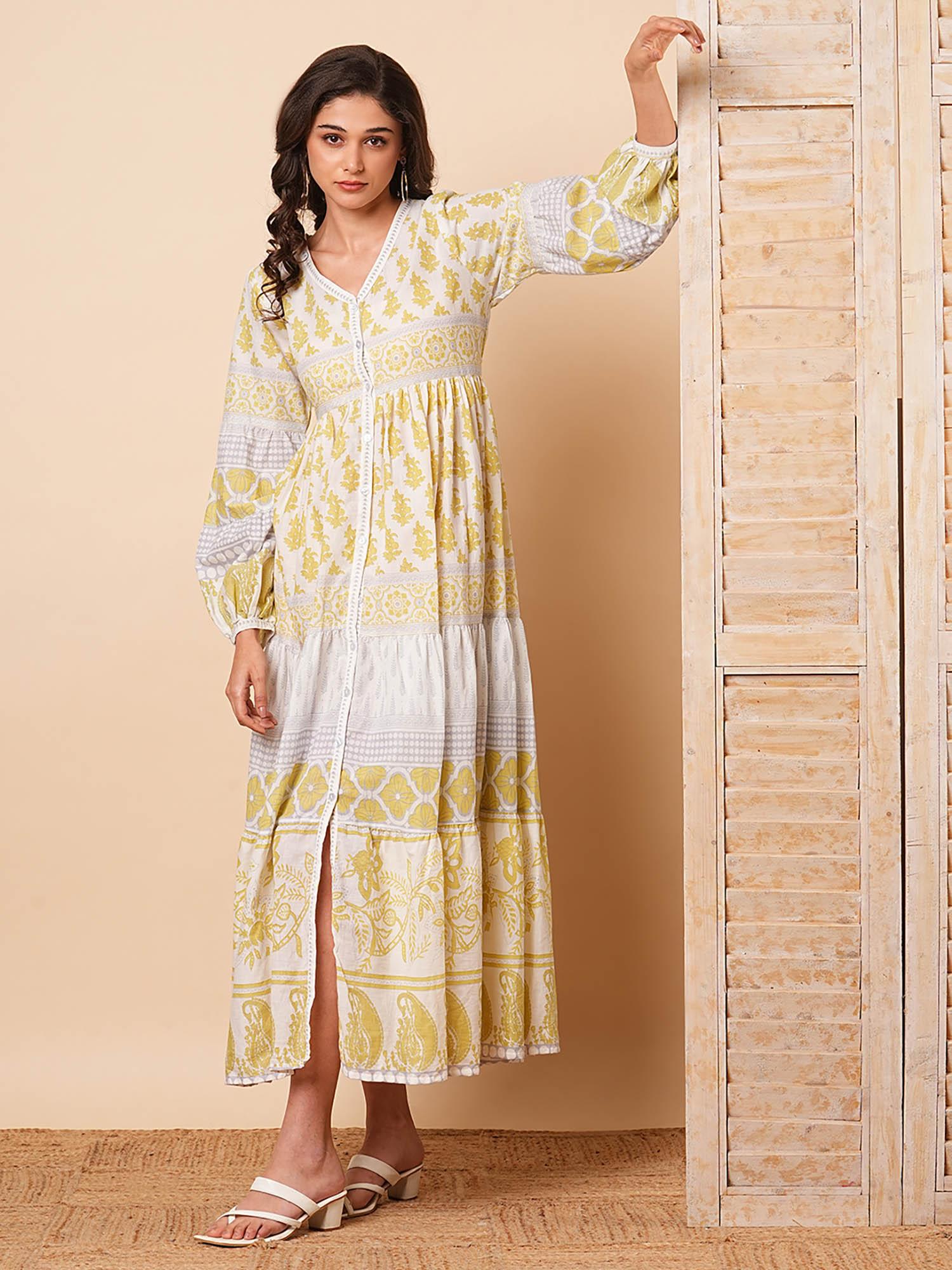 ethnic floral printed a-line tiered maxi dress - mustard