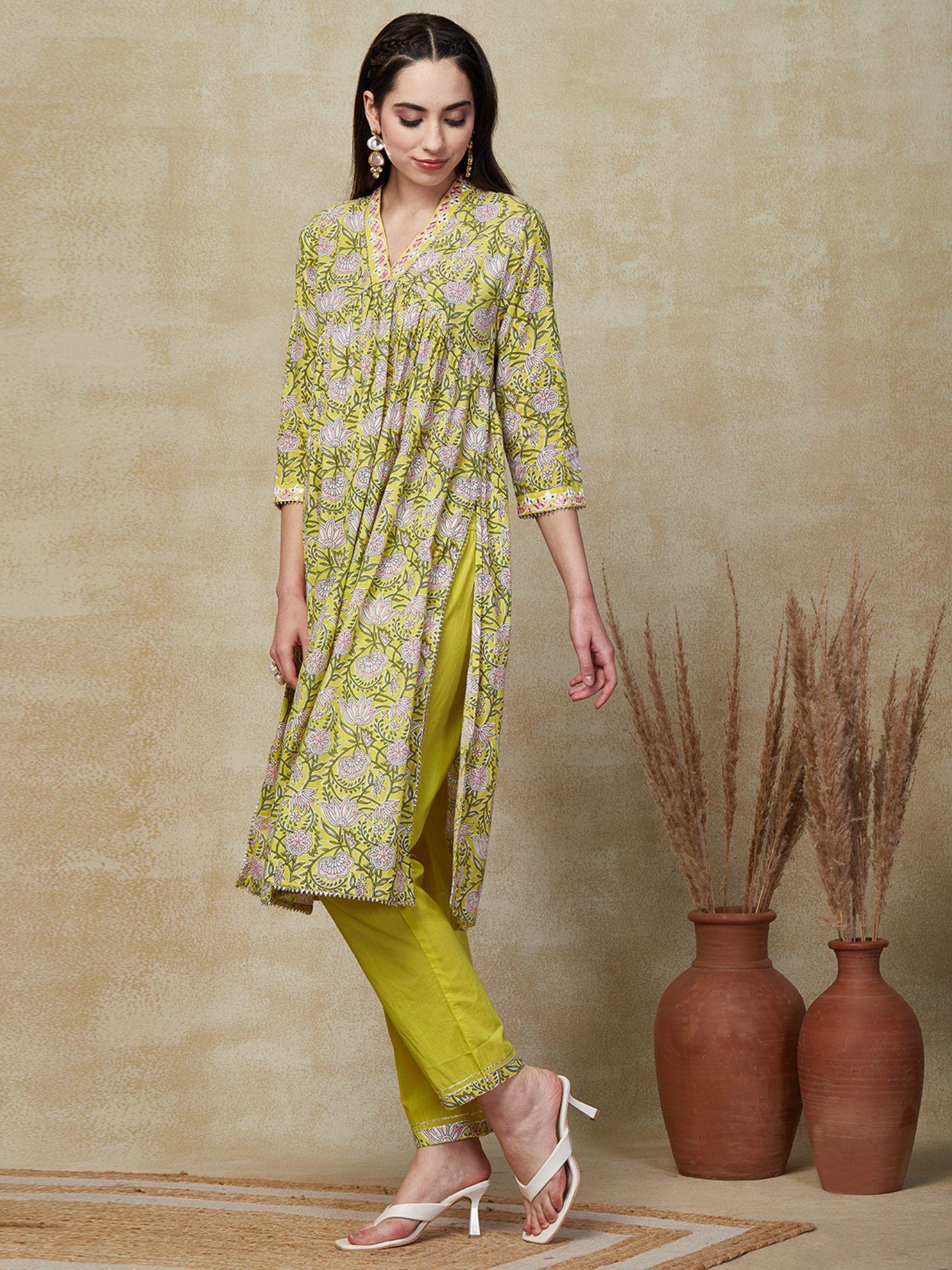 ethnic floral printed kurta with pant - green (set of 2)