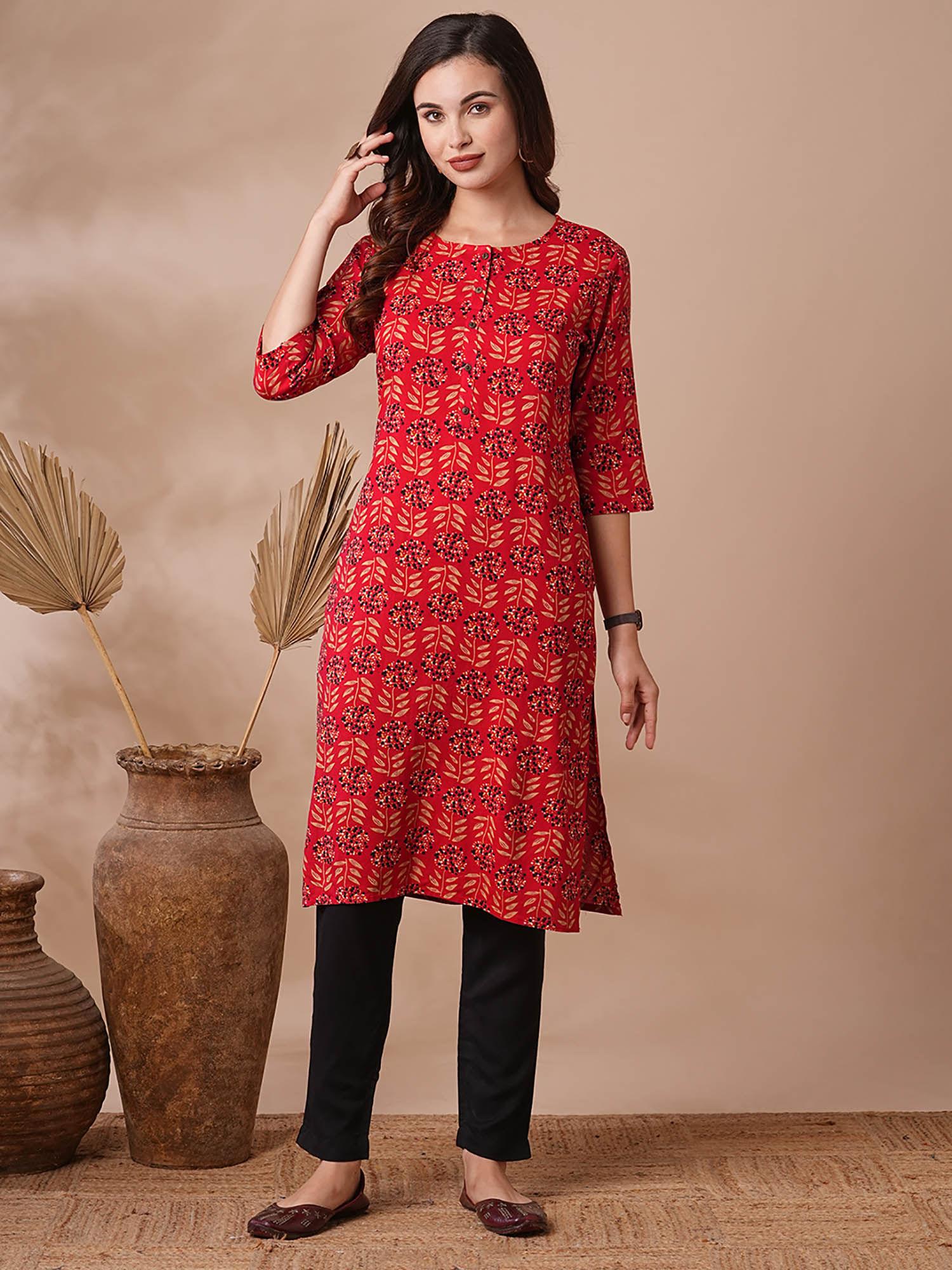 ethnic floral printed straight fit kurta- red