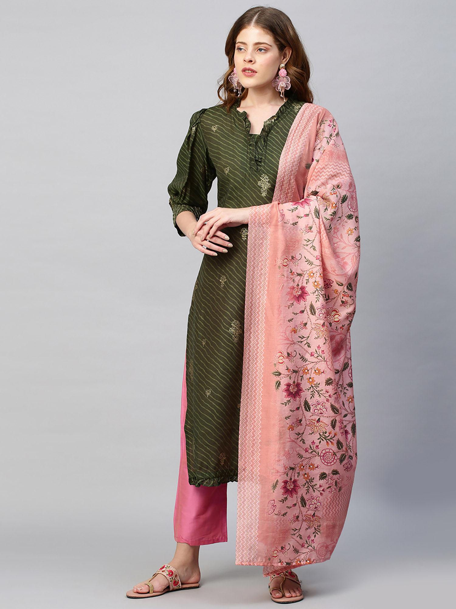 ethnic foil leheriya printed kurta with dupatta - moss green (set of 2)