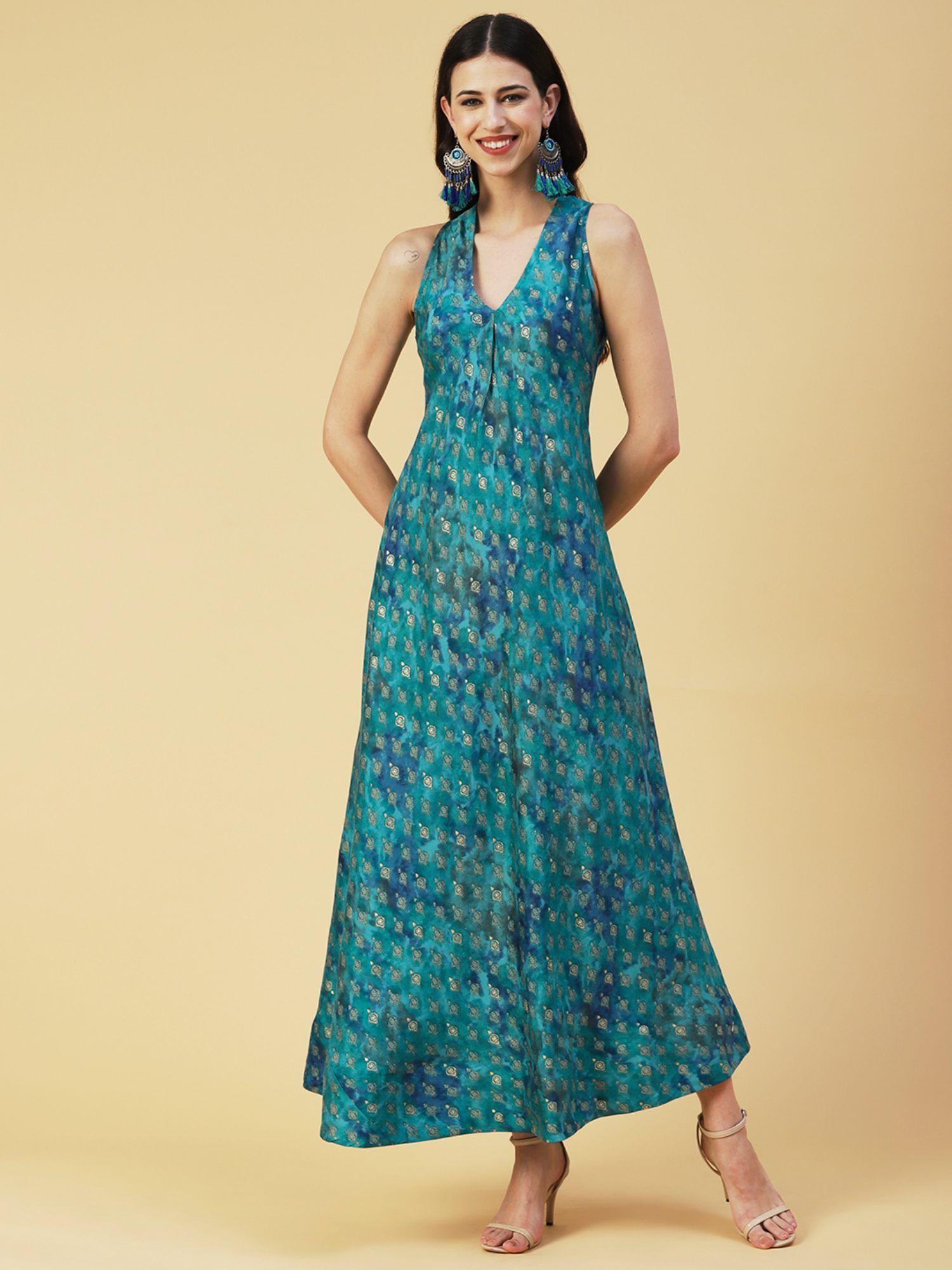 ethnic foil printed a-line flared maxi dress - turquoise blue