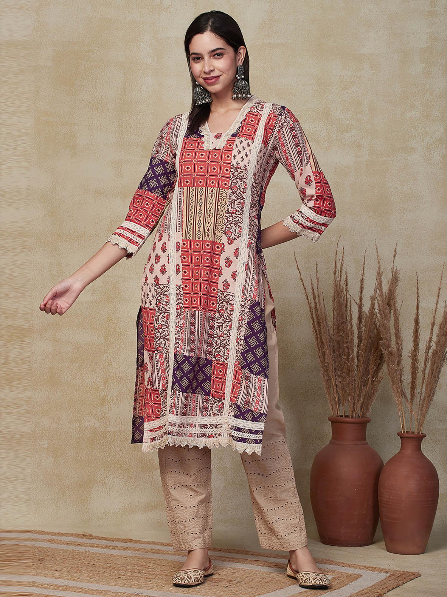 ethnic geometric printed straight fit kurta - multi-color