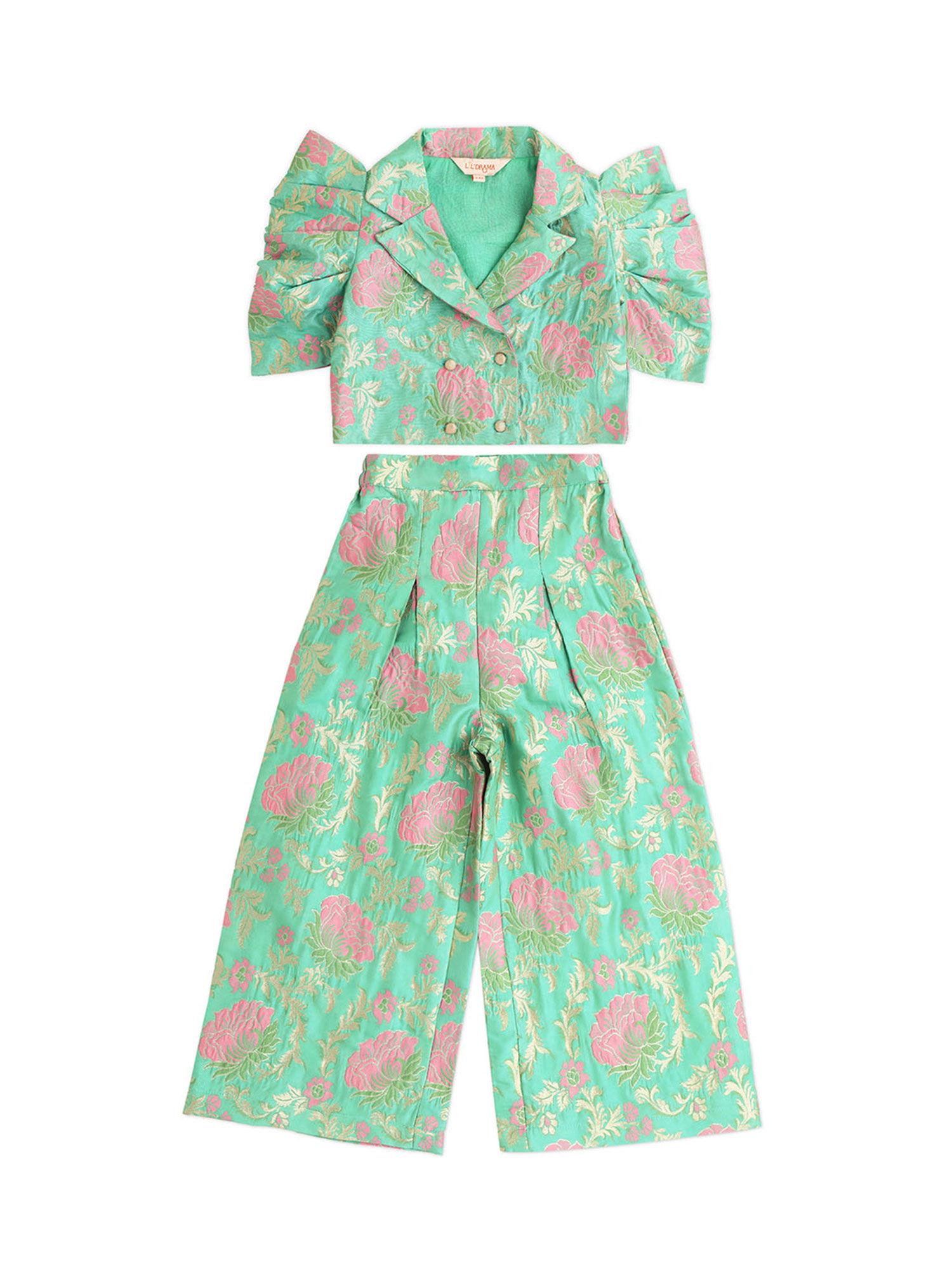 ethnic girls green cap sleeve co-ord (set of 2)