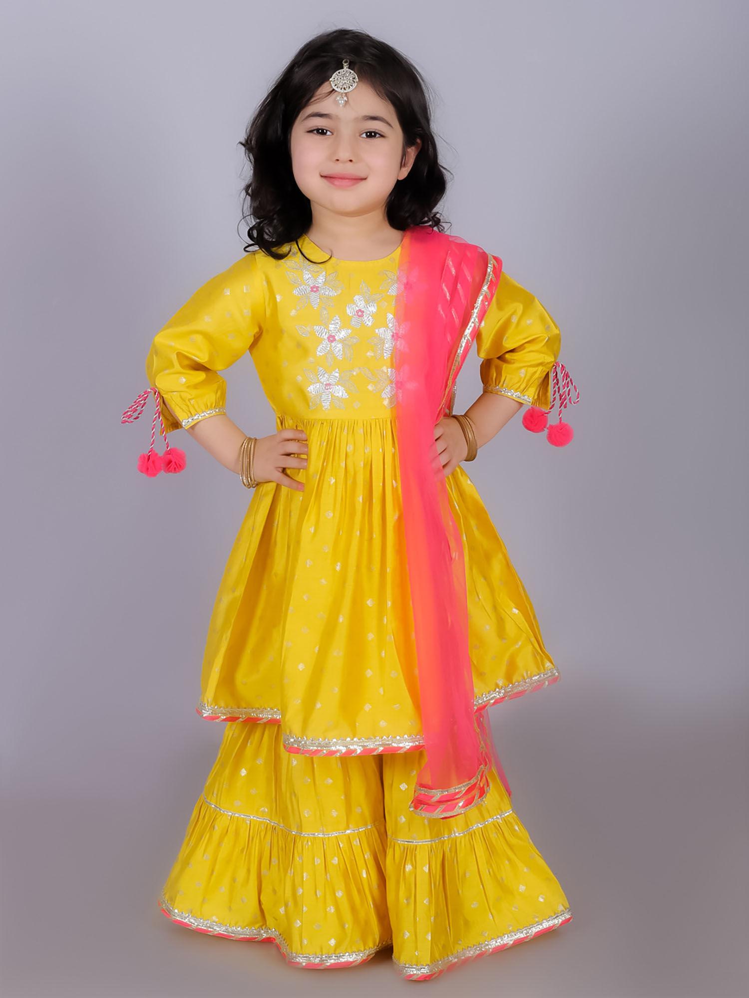 ethnic girls yellow kurta with sharara & dupatta (set of 3)