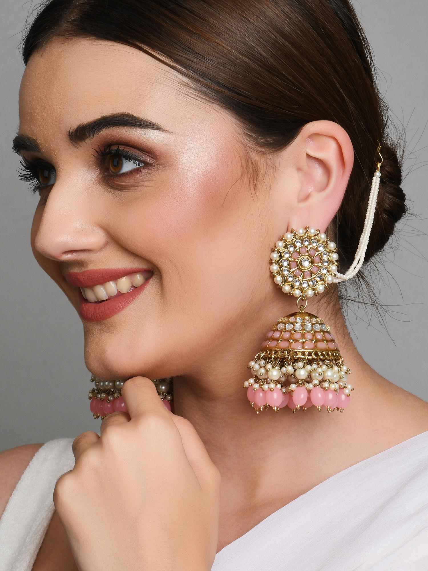 ethnic gold plated peach beads kundan pearl jhumka earring for women
