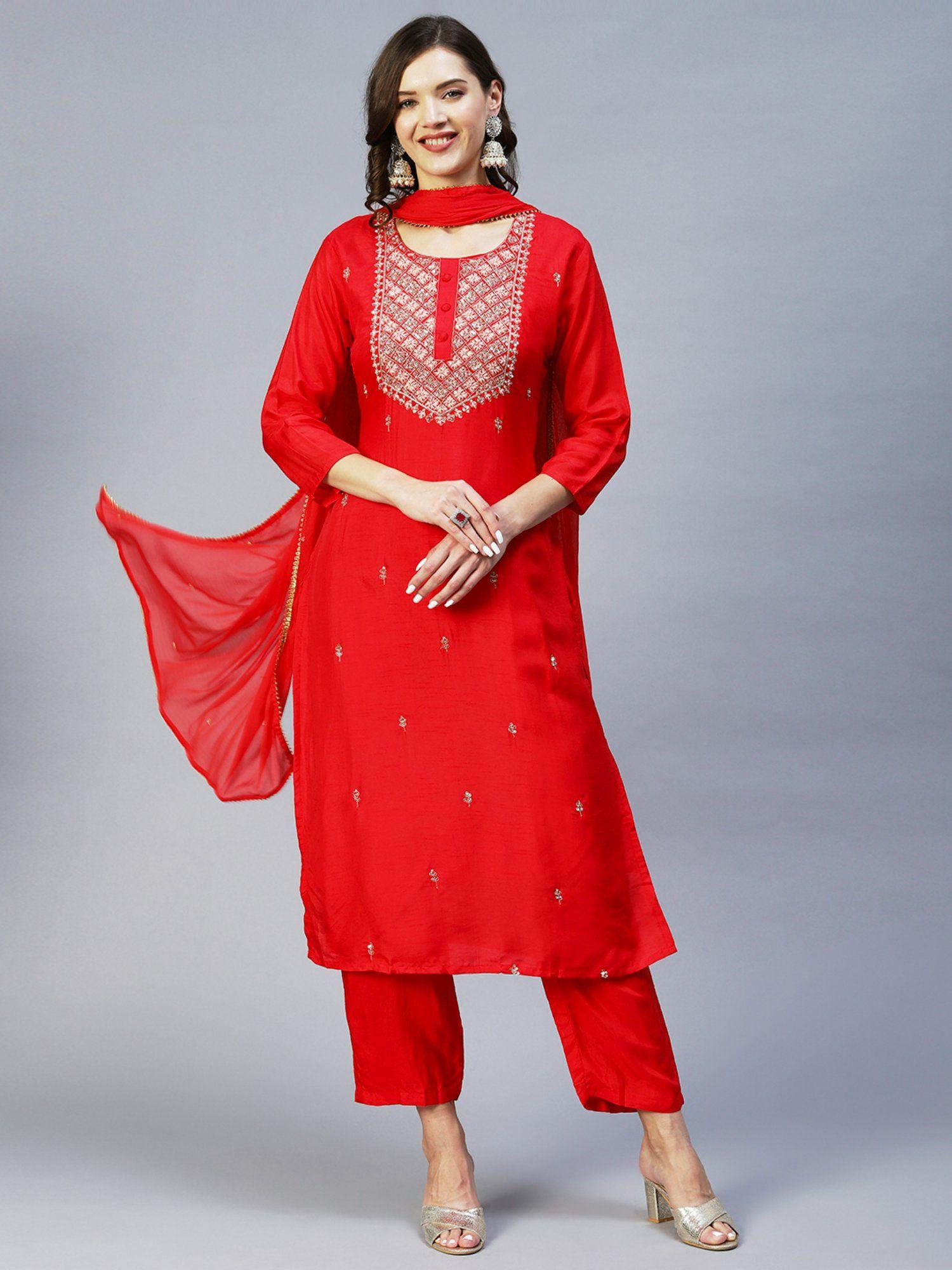 ethnic hand embroidered kurta with pants and dupatta red (set of 3)