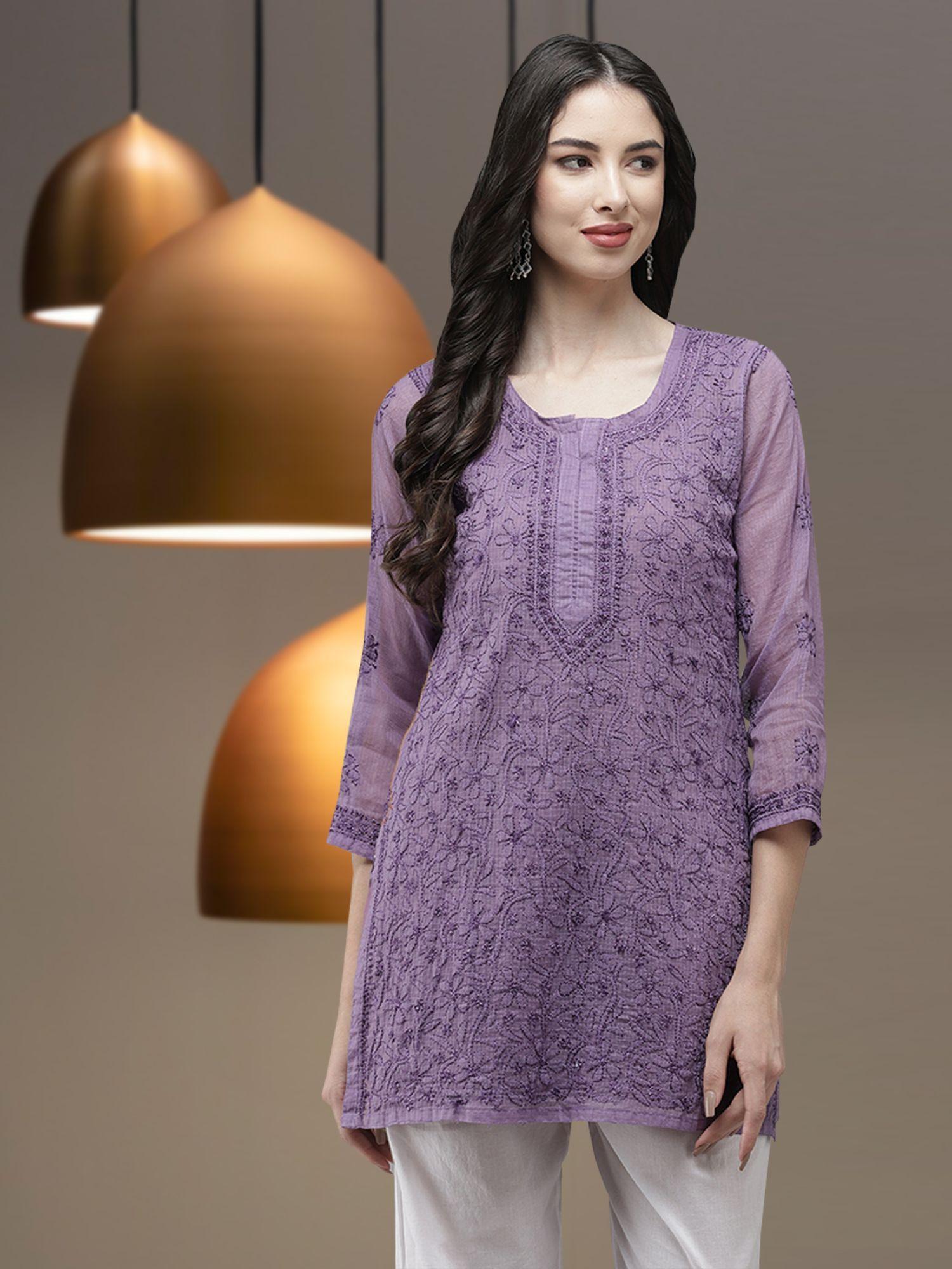 ethnic handmade embroidery purple kota lucknow chikankari kurti with slip (set of 2) a911181