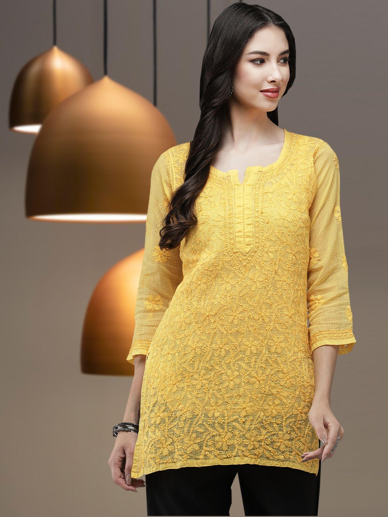 ethnic handmade embroidery yellow kota lucknow chikankari kurti with slip (set of 2) a911179