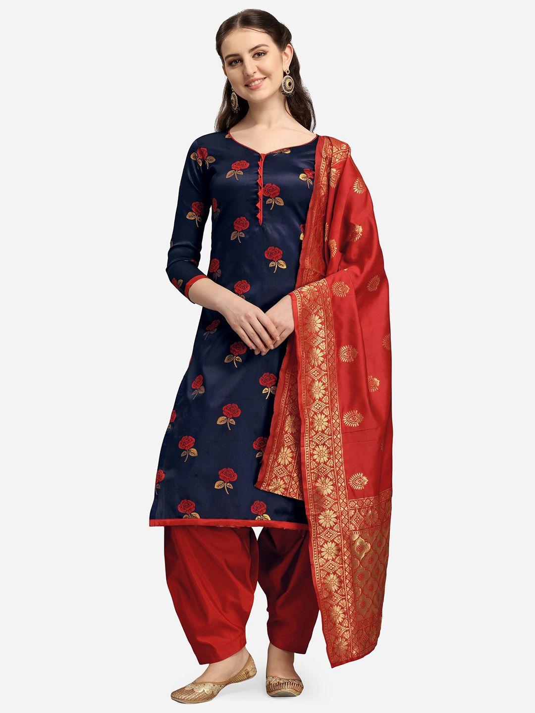 ethnic junction navy blue & red unstitched dress material