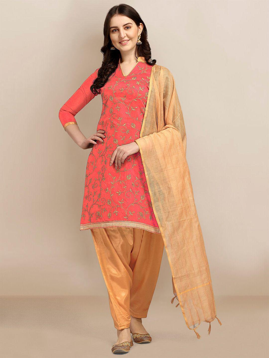 ethnic junction peach-coloured embroidered unstitched dress material