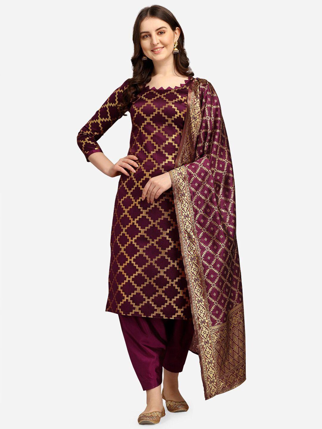 ethnic junction purple & gold-toned unstitched dress material