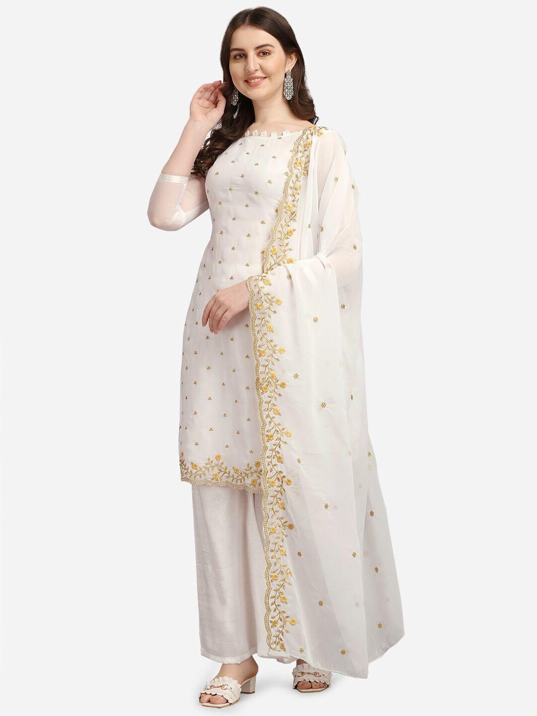ethnic junction white & gold-toned embroidered unstitched dress material