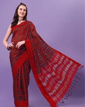 ethnic junction women's checked cotton blend saree with blouse piece saree