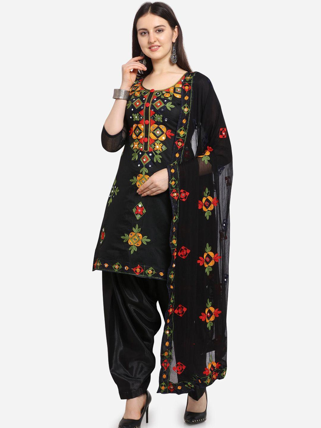 ethnic junction women black & yellow silk blend unstitched dress material