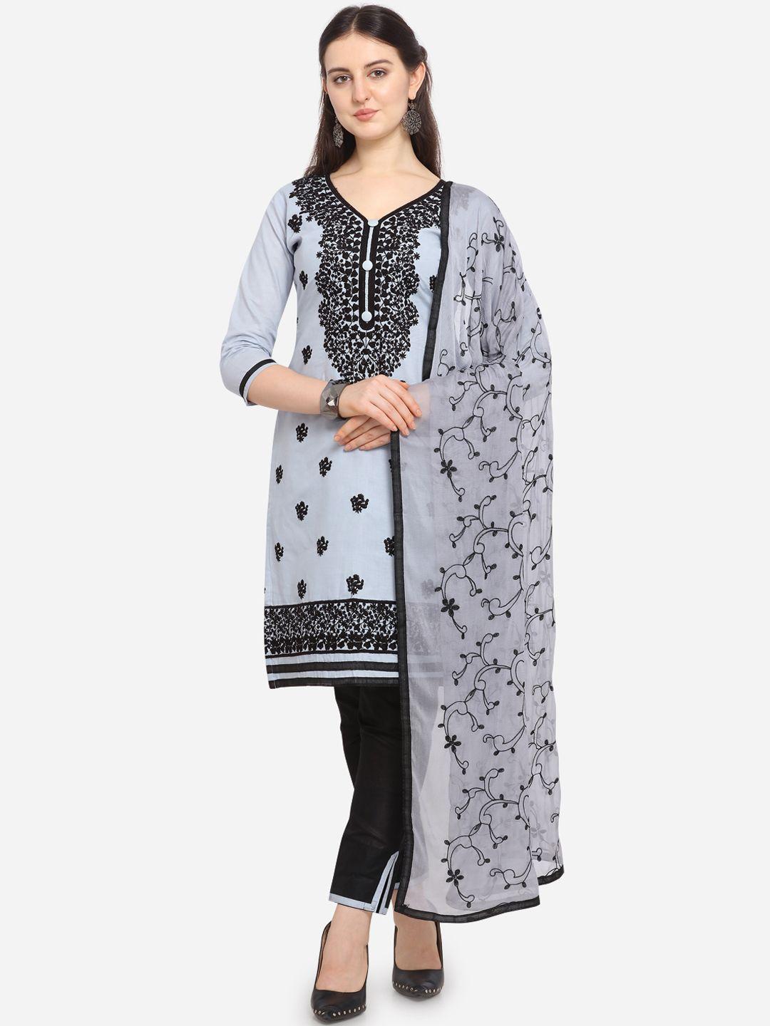 ethnic junction women grey & black cotton blend embroidered unstitched dress material