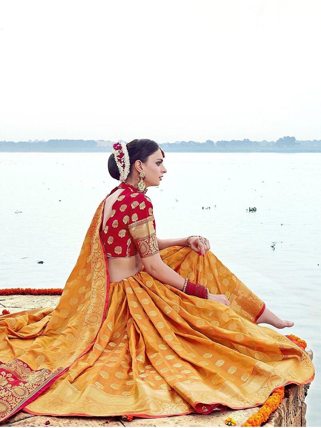 ethnic junction women mustard & gold-toned woven design zari silk blend banarasi saree