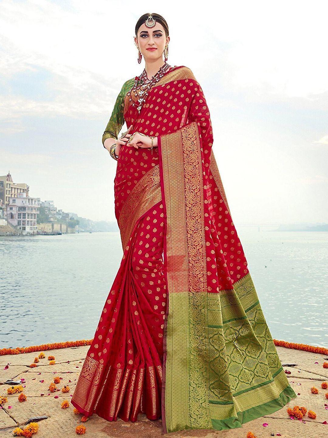 ethnic junction women red & green woven design zari silk blend heavy work banarasi saree