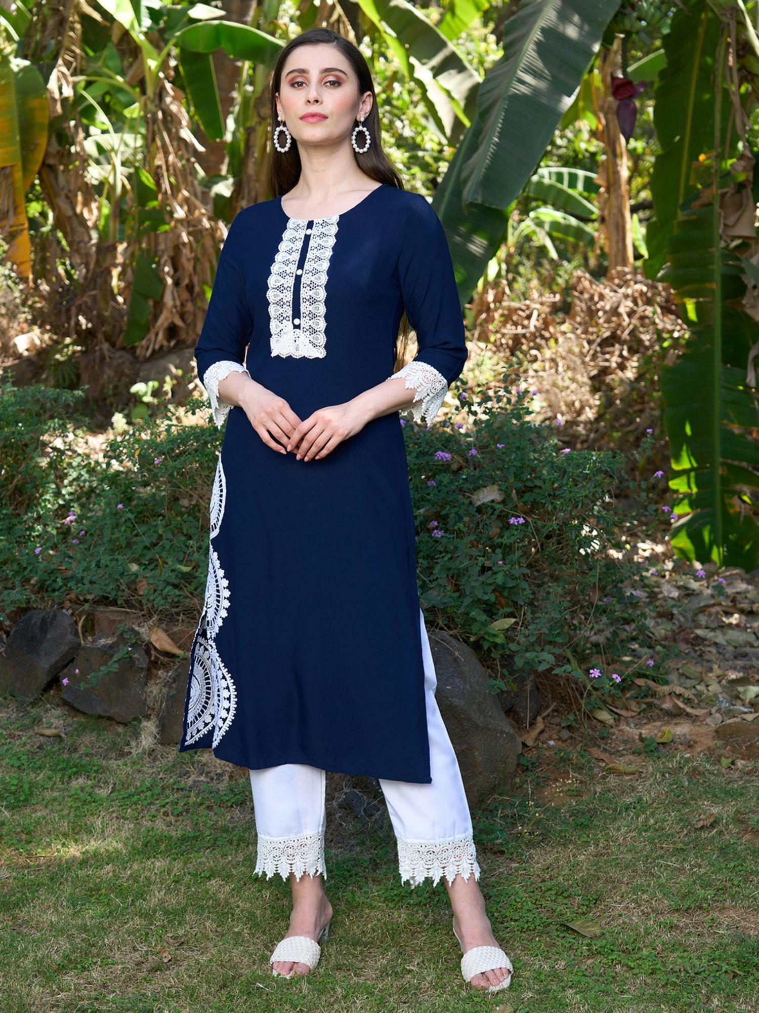 ethnic lace straight fit kurta & pants - navy blue (set of 2)