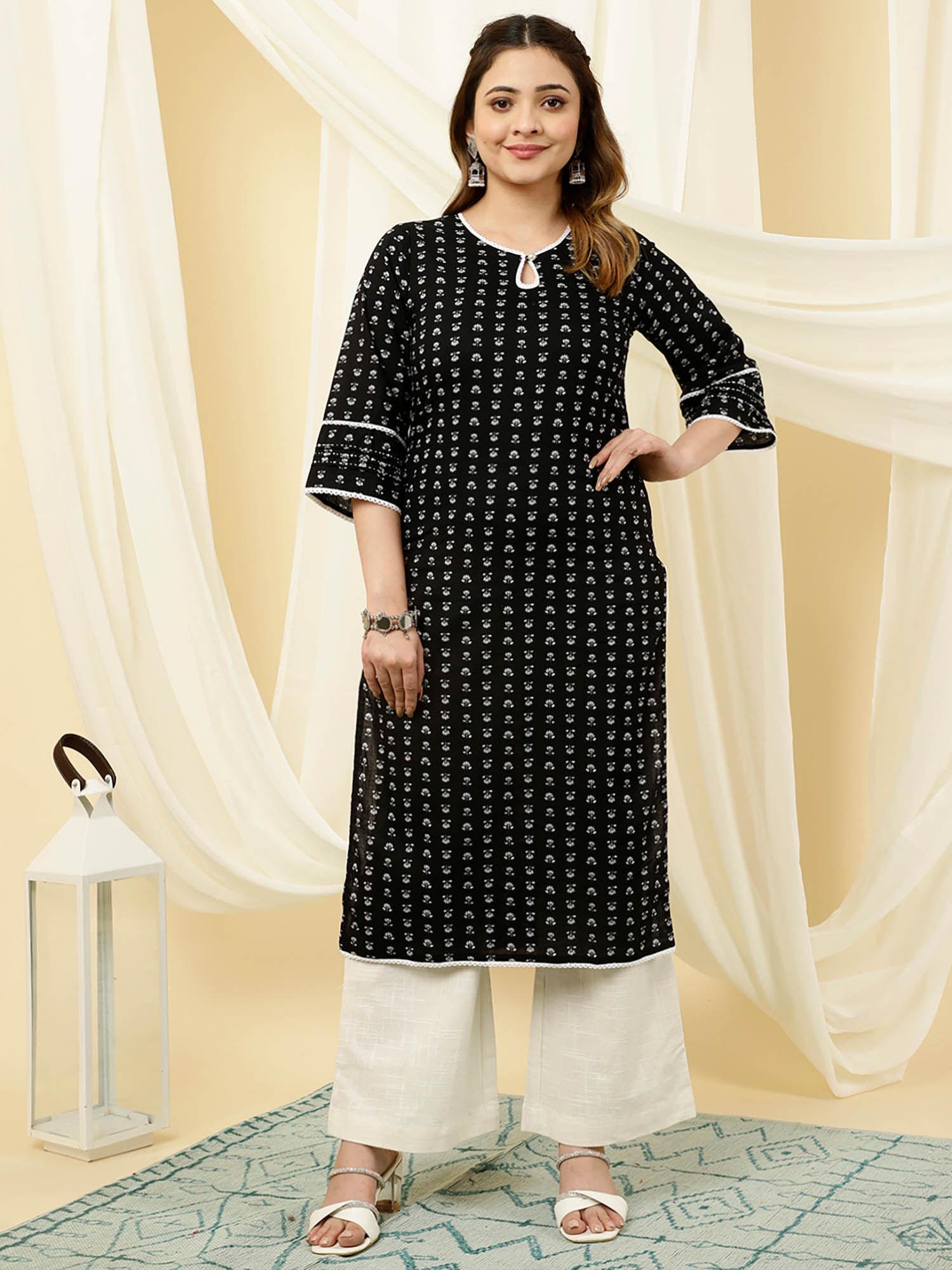 ethnic motif cotton black straight kurta