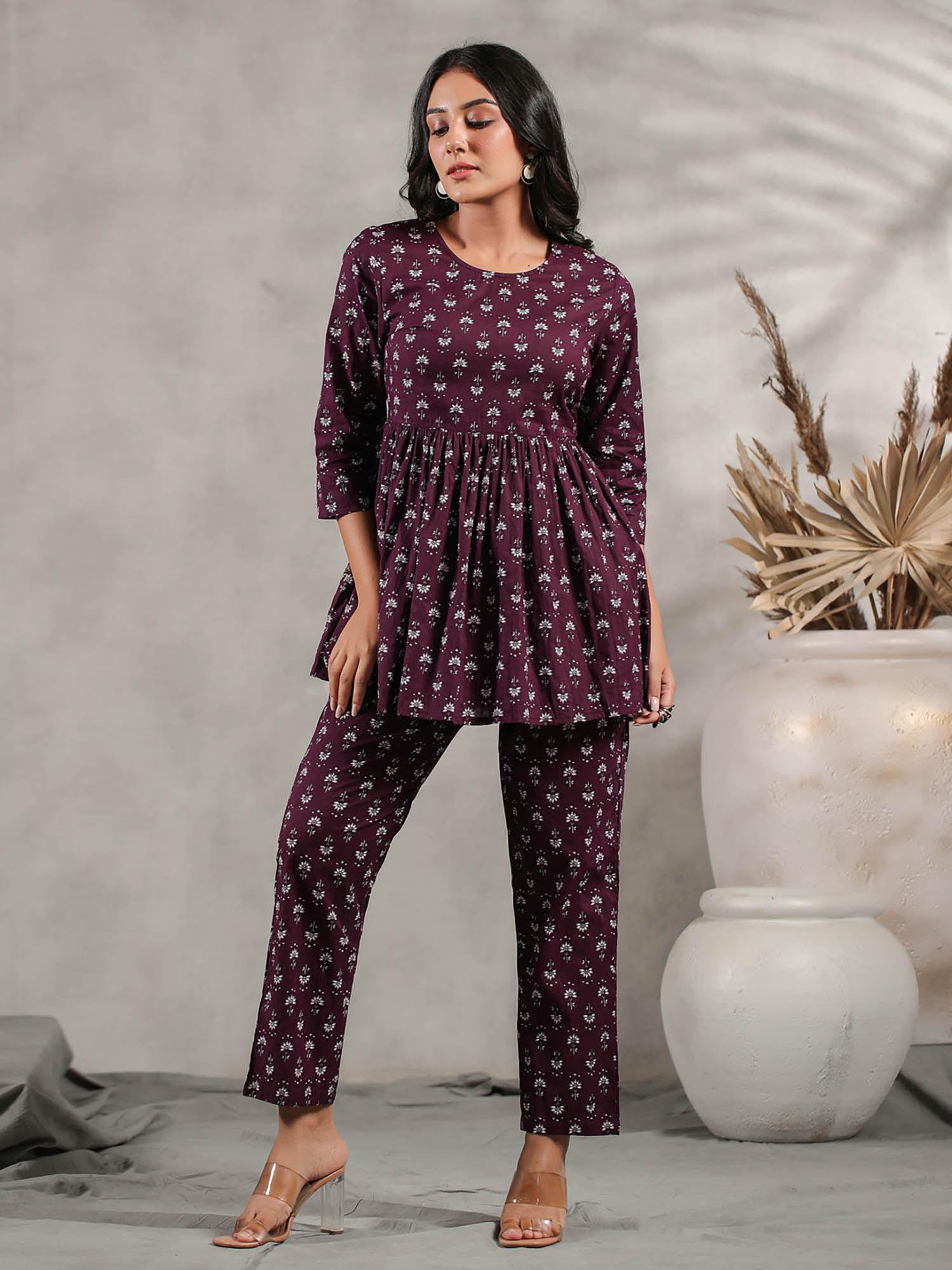 ethnic motif printed peplum top with pant (set of 2)