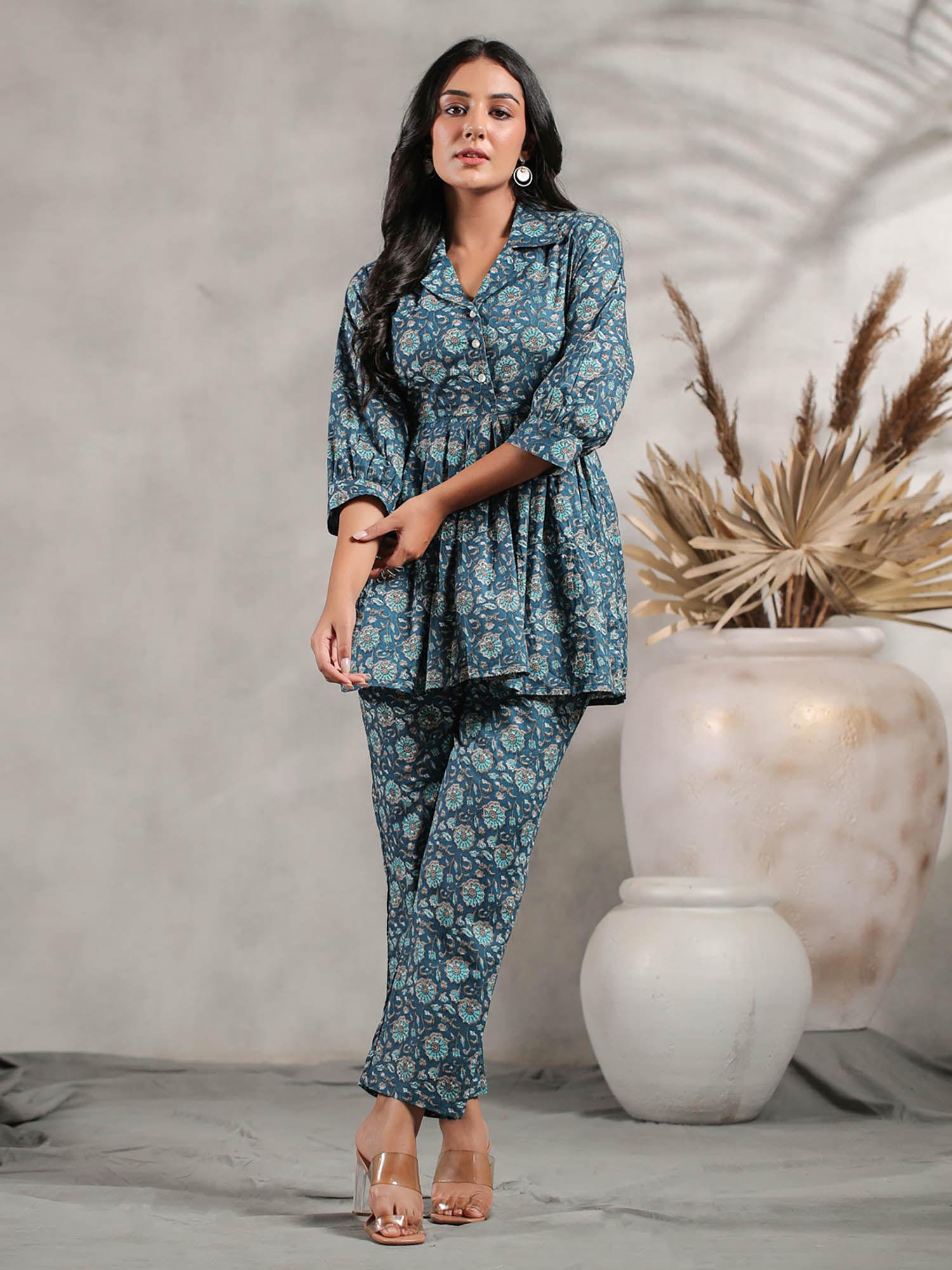 ethnic motif printed peplum top with pant (set of 2)