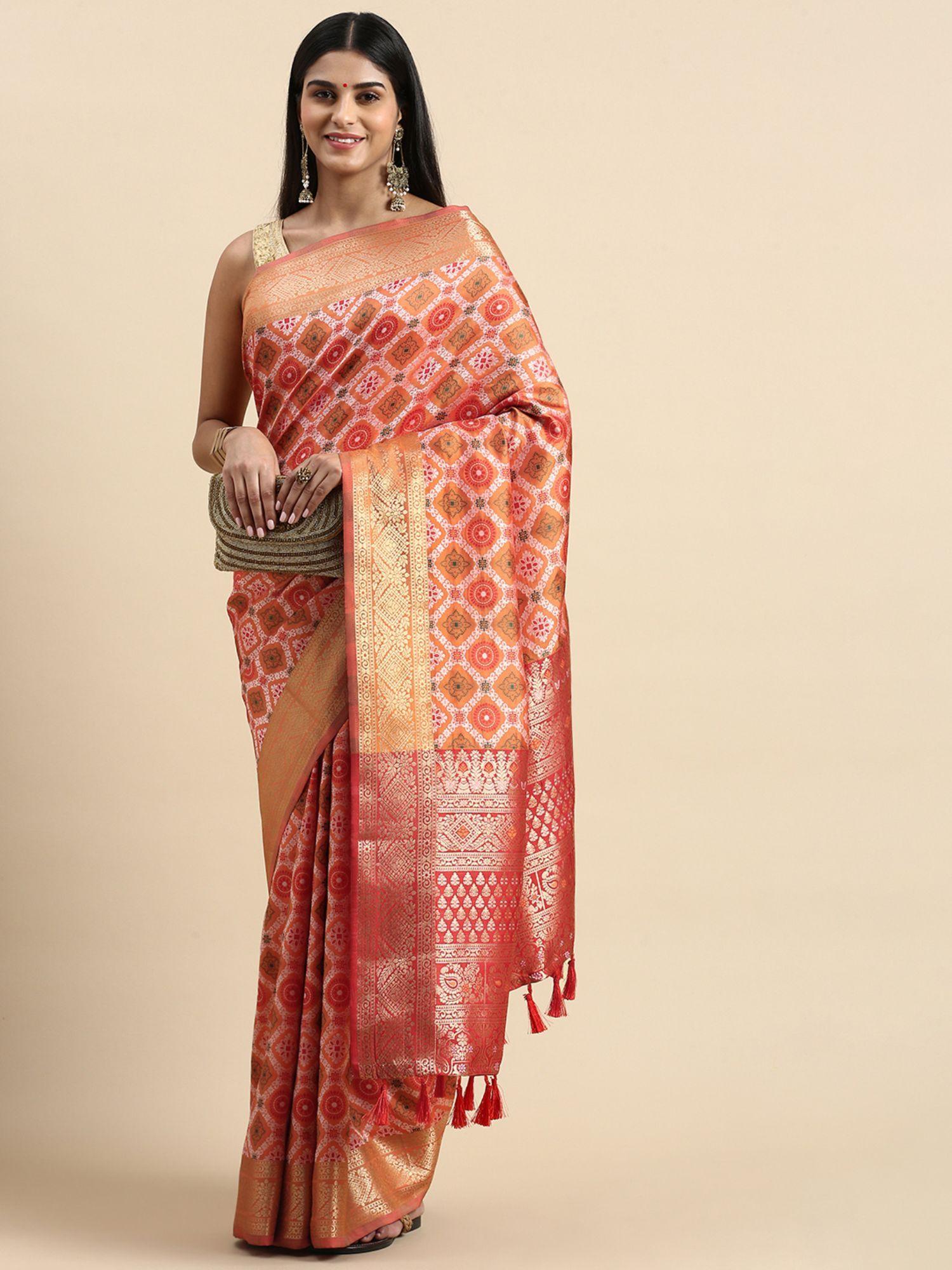 ethnic motif zari woven design art silk banarasi patola saree with unstitched blouse