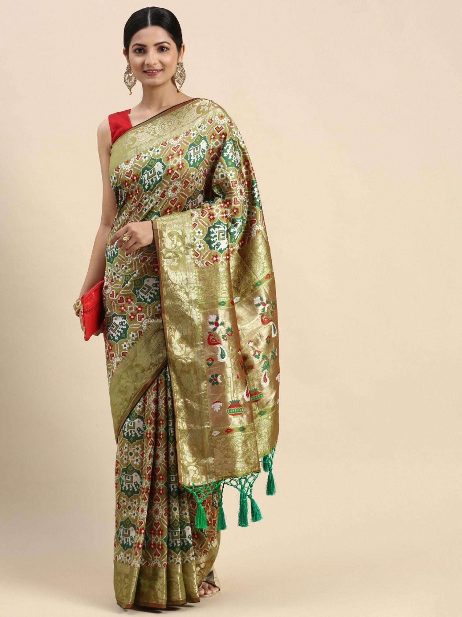 ethnic motif zari woven design art silk banarasi patola saree with unstitched blouse