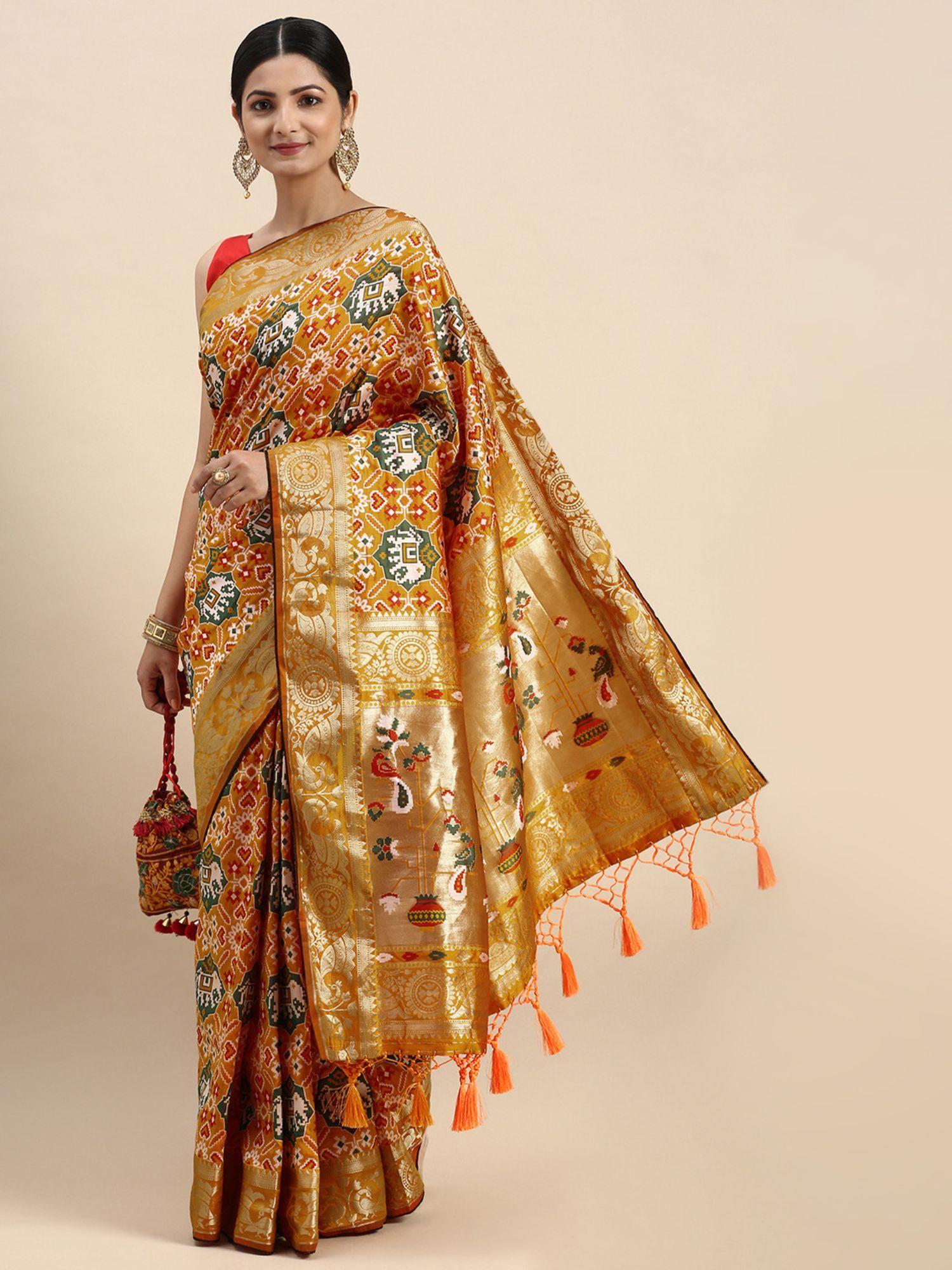 ethnic motif zari woven design art silk banarasi patola saree with unstitched blouse