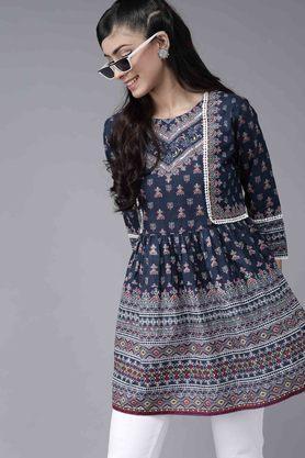 ethnic motifs cambric round neck a-line women's tunic - indigo