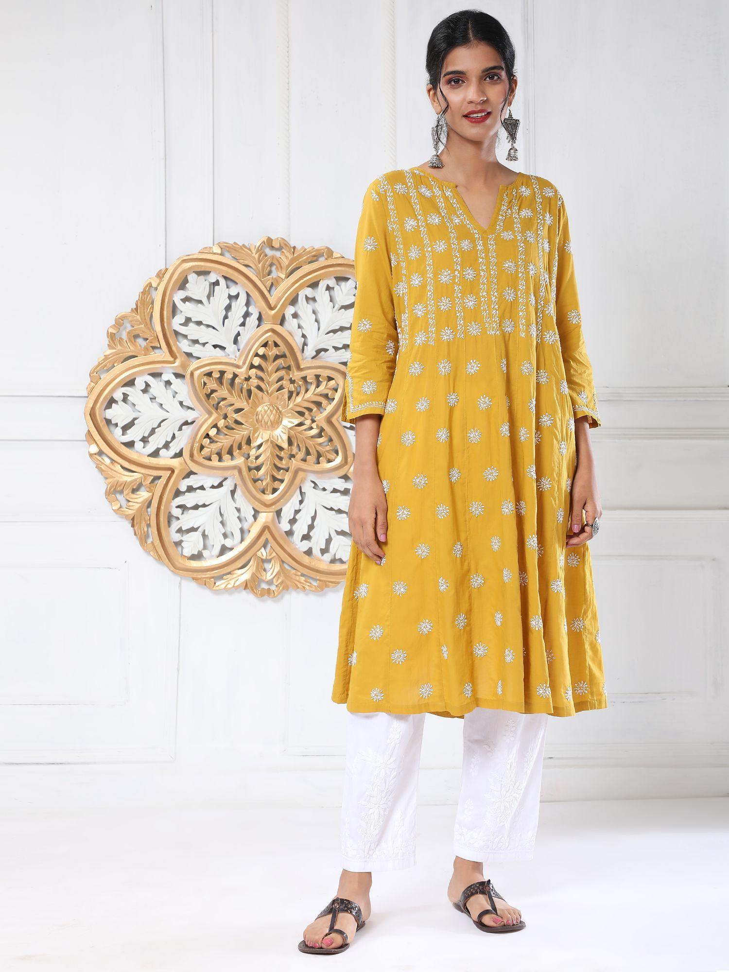 ethnic motifs embroidered chikankari cotton a-line kurta