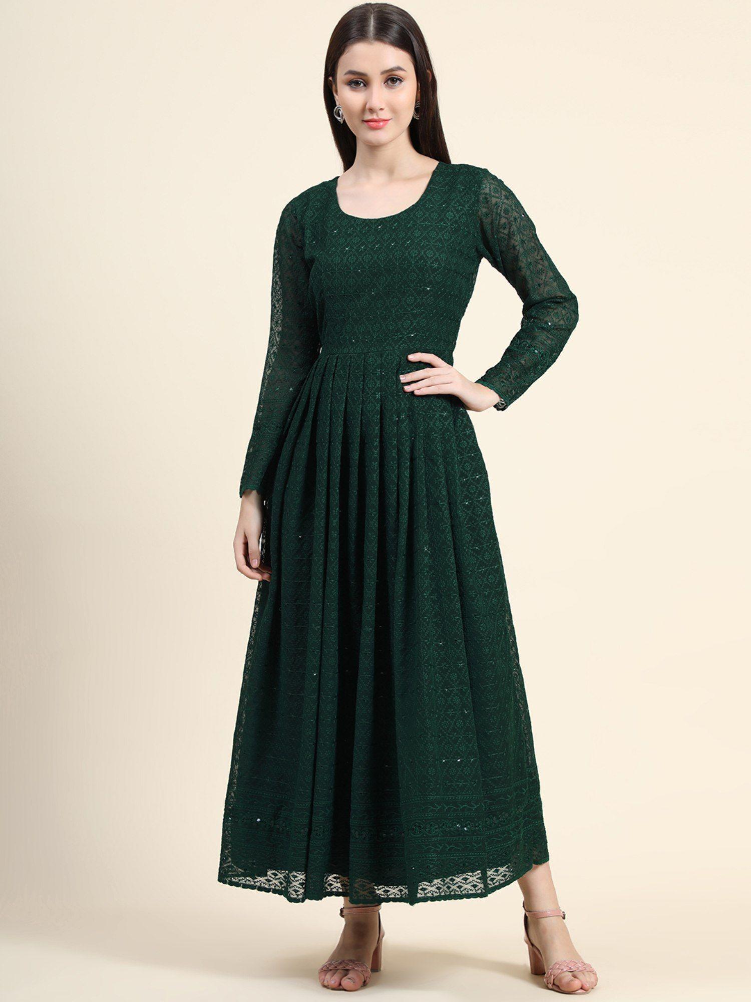 ethnic motifs embroidered fit & flared maxi dress green