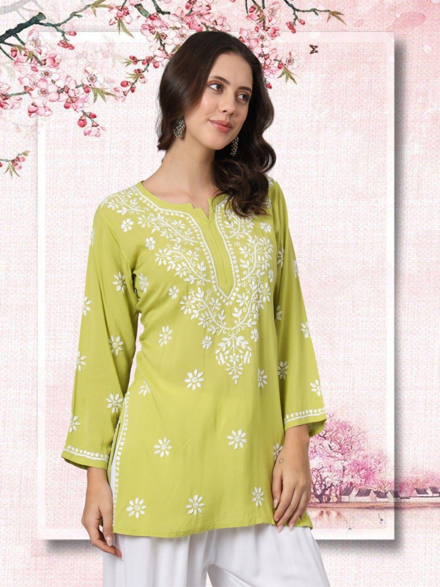 ethnic motifs embroidered lucknowi chikankari modal kurti