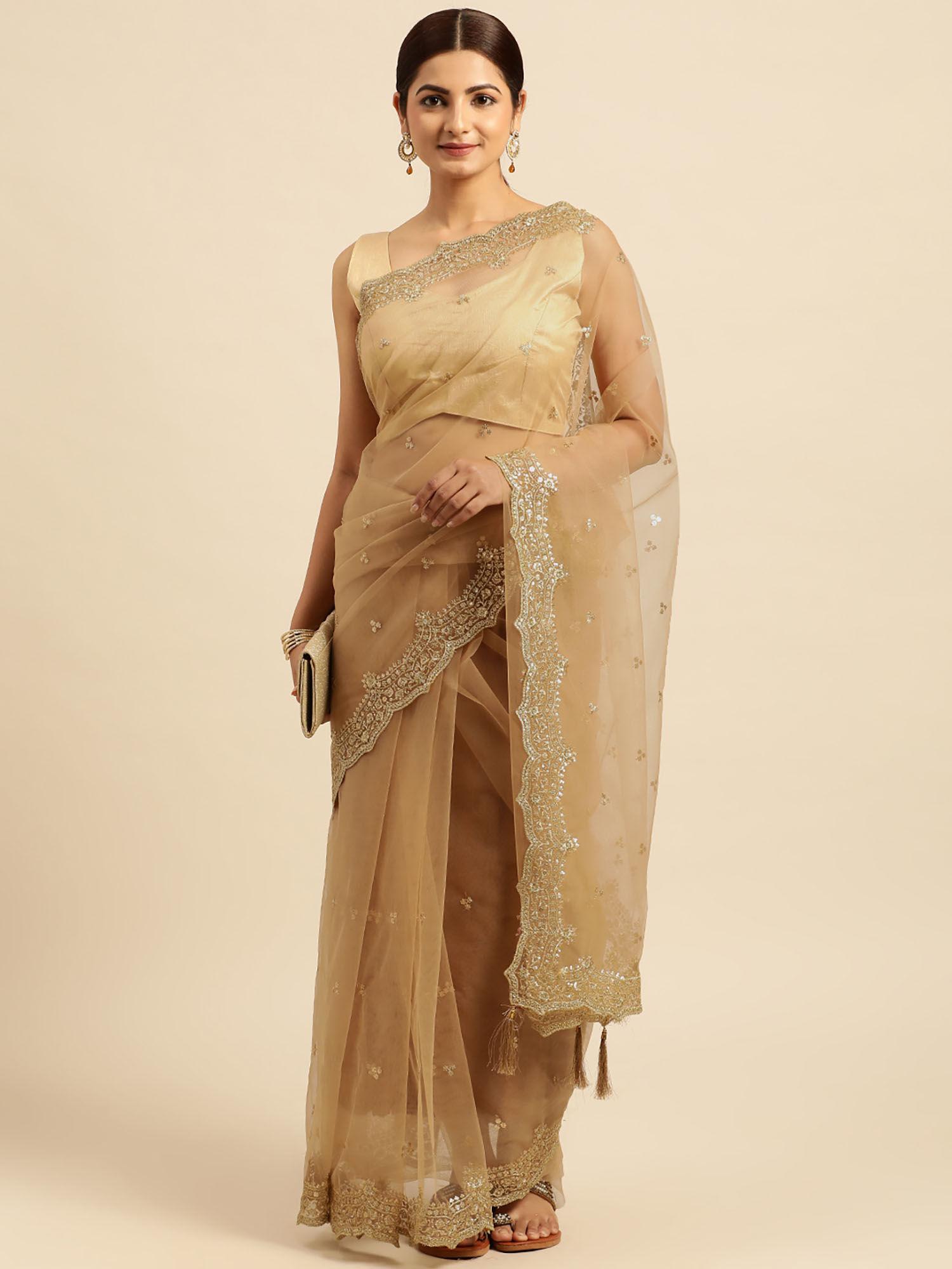 ethnic motifs embroidered sequined net saree with unstitched blouse