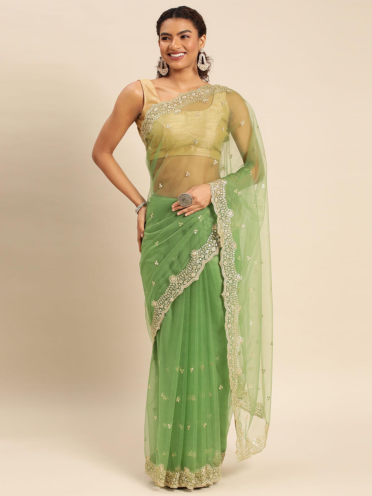 ethnic motifs embroidered sequined net saree with unstitched blouse