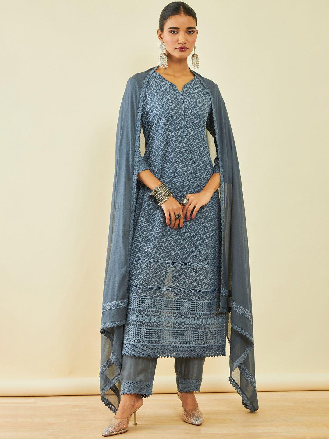 ethnic motifs embroidered sequinned straight kurta & trousers with dupatta