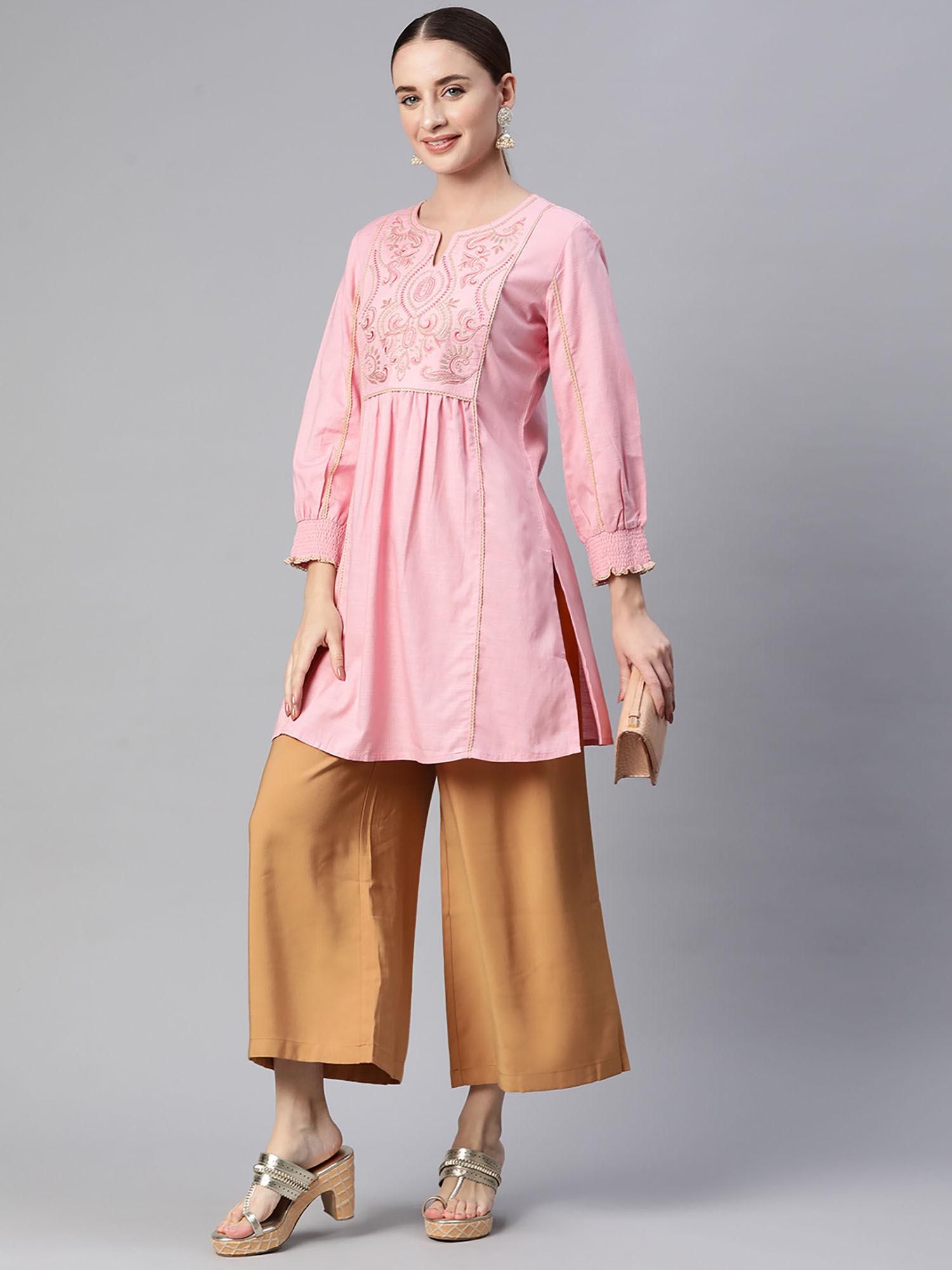 ethnic motifs embroidered thread work cotton linen pink kurti