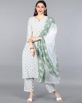 ethnic motifs floral print straight kurta with pants & dupatta
