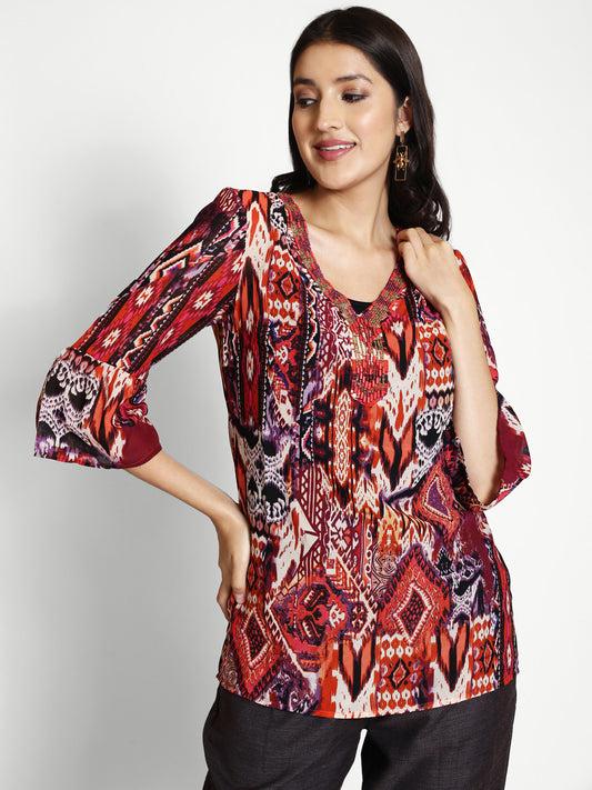 ethnic motifs printed bell sleeves beads & stones regular top