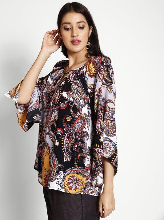 ethnic motifs printed keyhole neck flared sleeves gathered detailed top