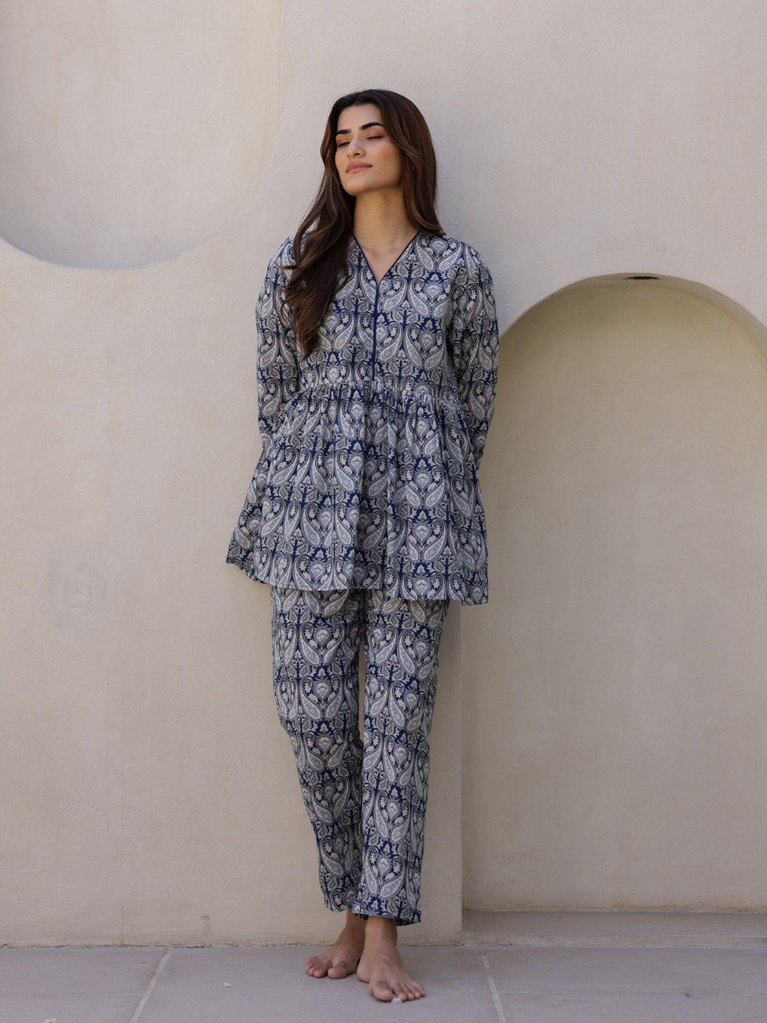 ethnic motifs printed pure cotton night suit (set of 2)