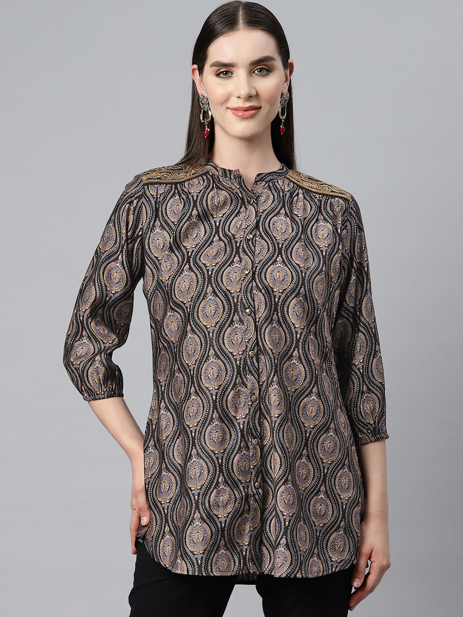 ethnic motifs printed sequinned modal black kurti