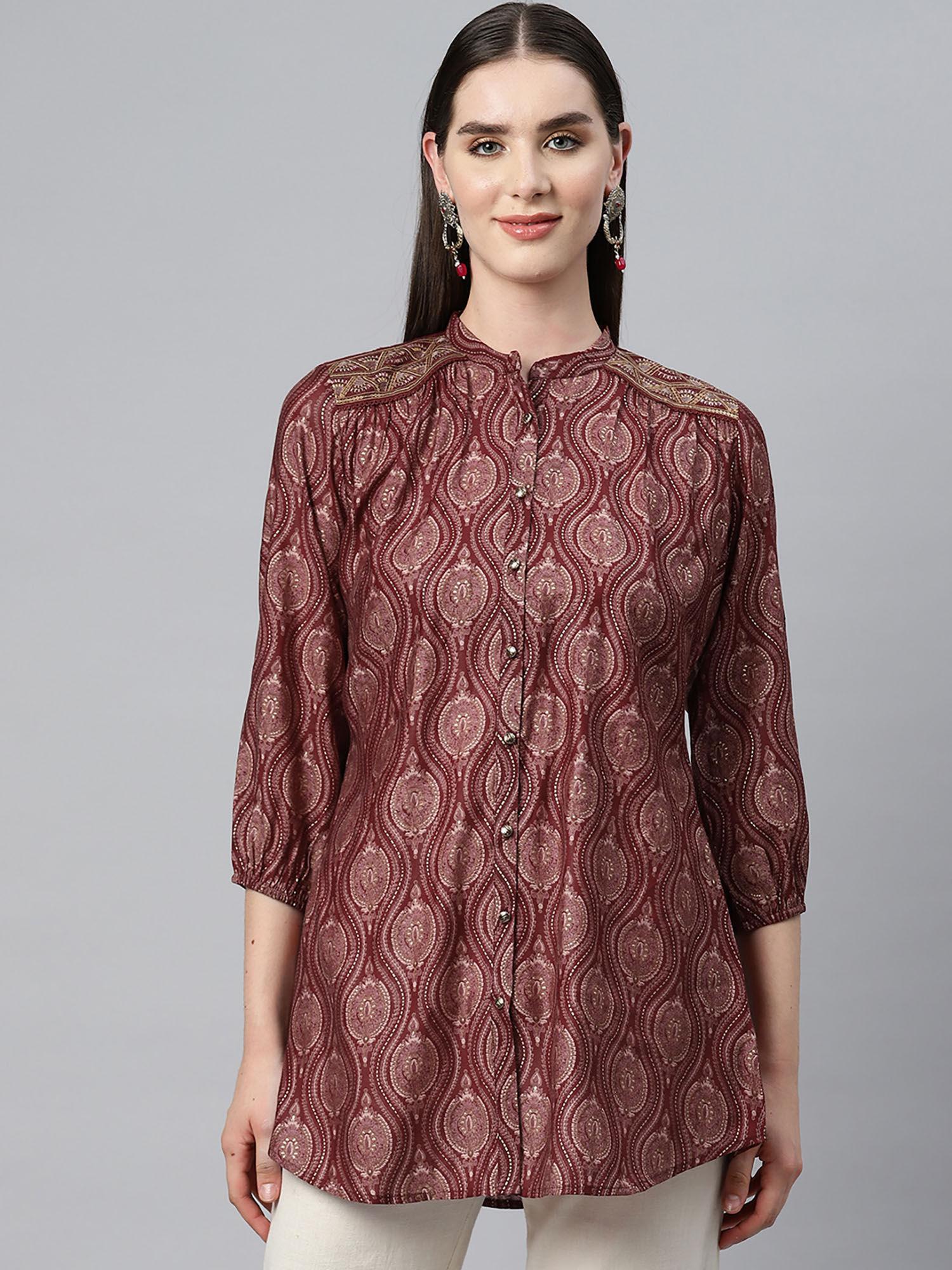 ethnic motifs printed sequinned modal maroon kurti