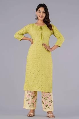 ethnic motifs rayon embroidered mirror work straight kurta with palazzos - green