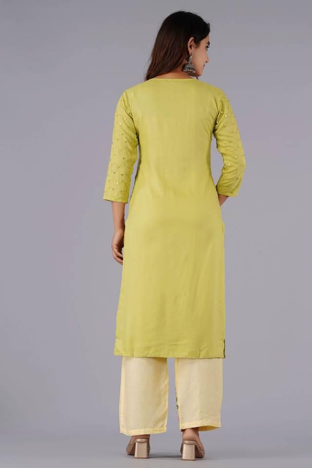 ethnic motifs rayon embroidered mirror work straight kurta with palazzos