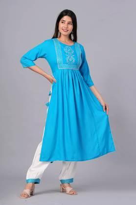 ethnic motifs rayon yoke design regular thread work nyra cut kurta with palazzos - blue