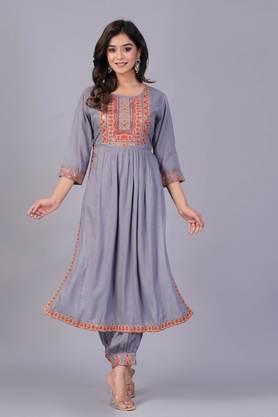 ethnic motifs rayon yoke design regular thread work nyra cut kurta with palazzos - grey