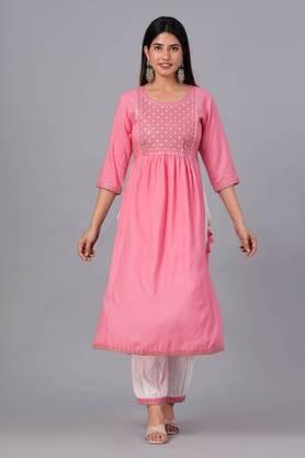 ethnic motifs rayon yoke design regular thread work nyra cut kurta with palazzos - pink