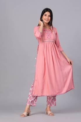 ethnic motifs rayon yoke design regular thread work nyra cut kurta with palazzos - pink