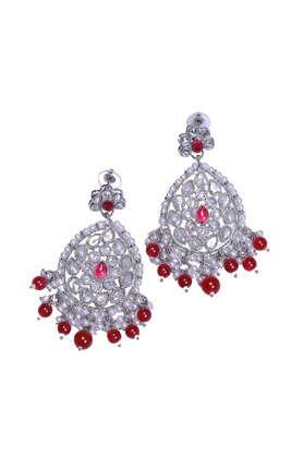 ethnic oversized diamante & pink beads embellished silver-toned oval drop chandbali earrings